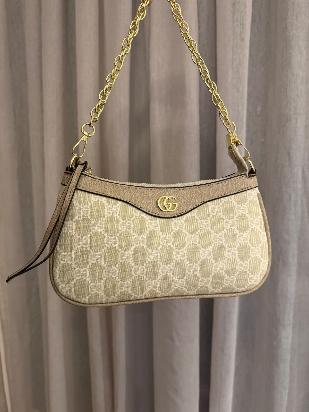 Supreme Beige Mini Shoulder Bag with Gold Chain Strap