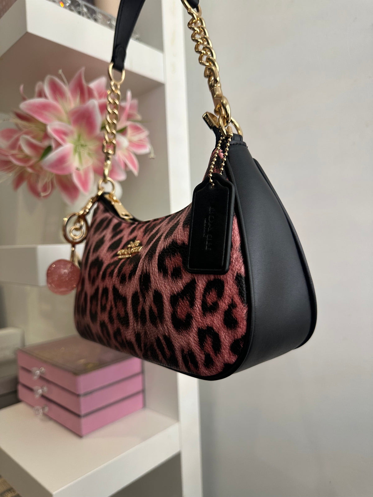 Teri Leopard Pink Black Shoulder Handbag