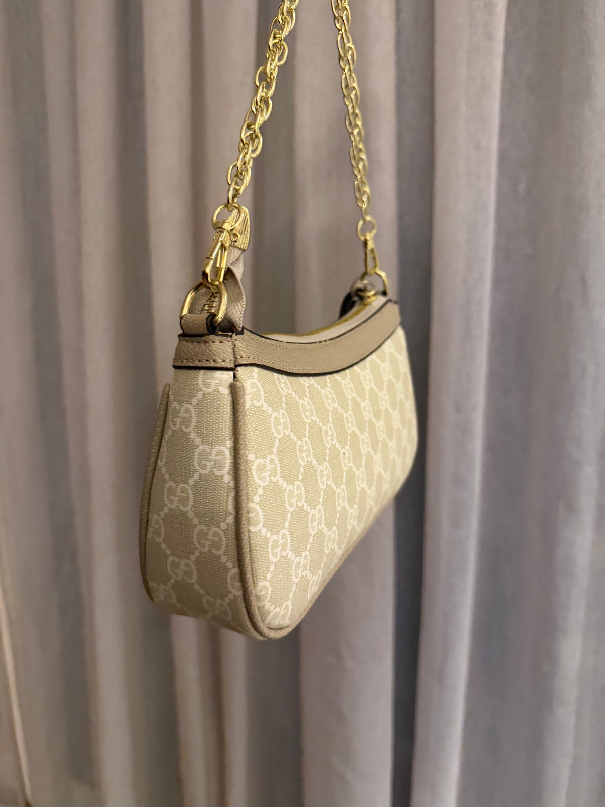 Supreme Beige Mini Shoulder Bag with Gold Chain Strap